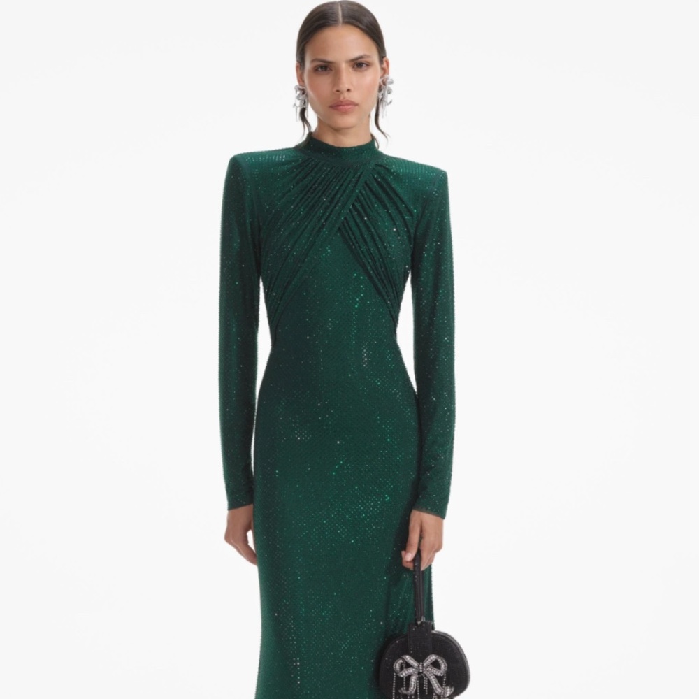self-portrait Emerald Green Rhinestone Mesh Midi Dress Size US6 - MSRP $700 -NWT